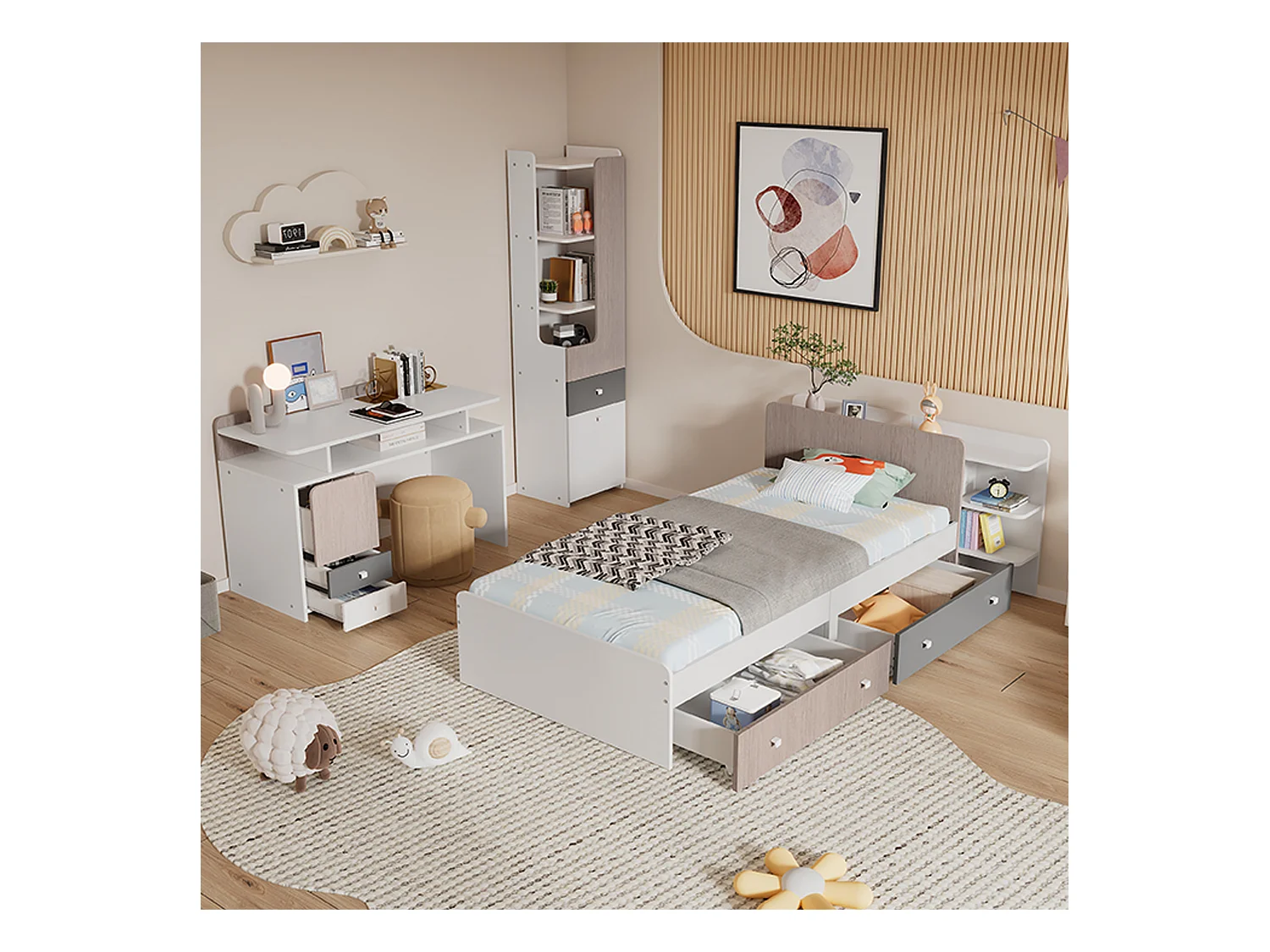 Kinderbeddenset 90 x 200 cm met 2 lades + planken + bureau + boekenkast - MDF + meerlaags paneel - kleur wit + grijs