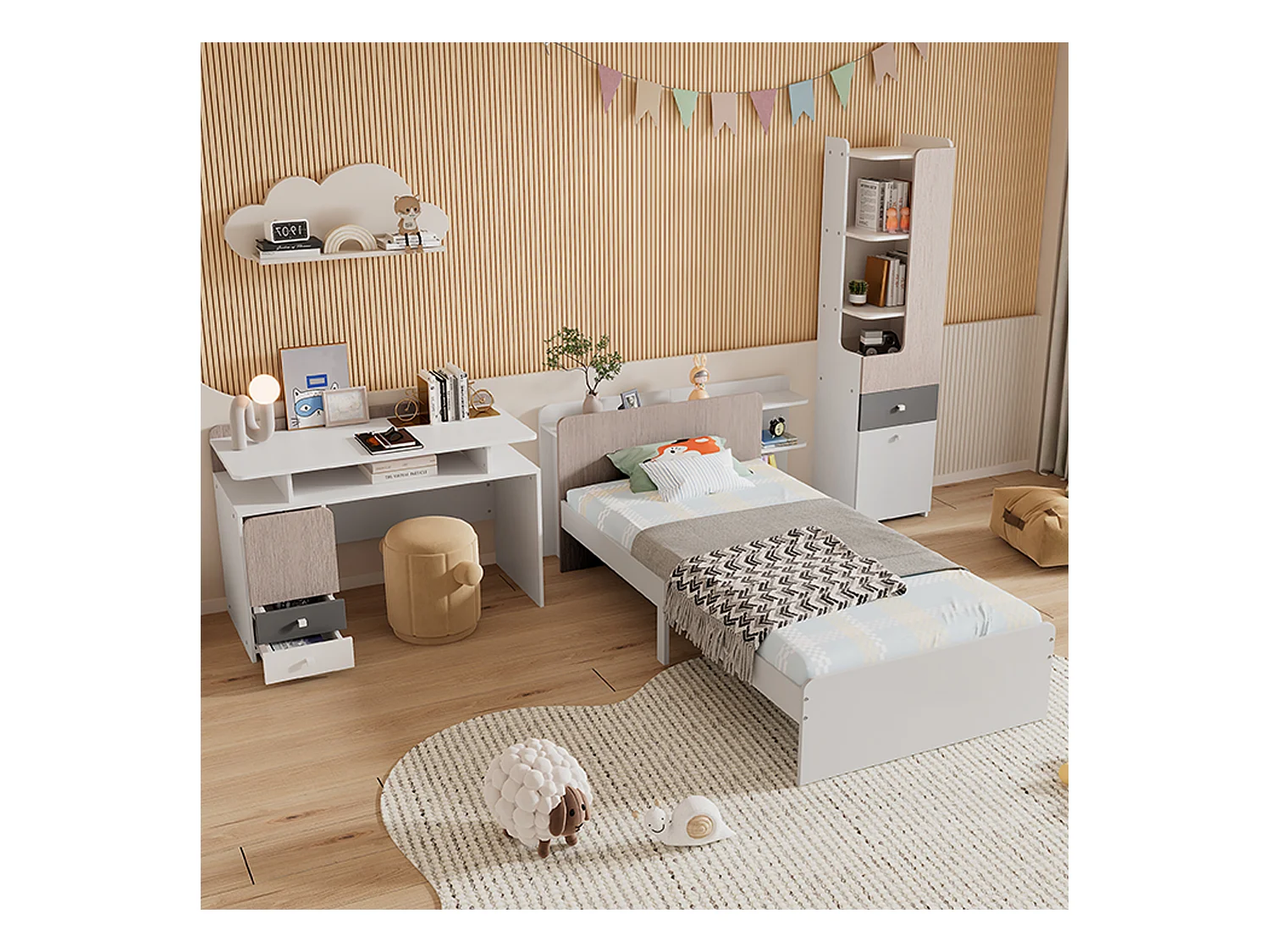 Kinderbeddenset 90 x 200 cm met 2 lades + planken + bureau + boekenkast - MDF + meerlaags paneel - kleur wit + grijs
