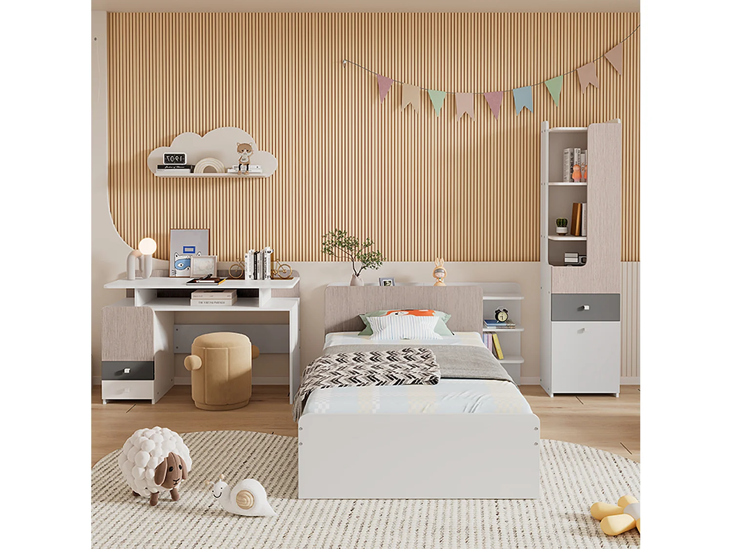 Kinderbeddenset 90 x 200 cm met 2 lades + planken + bureau + boekenkast - MDF + meerlaags paneel - kleur wit + grijs