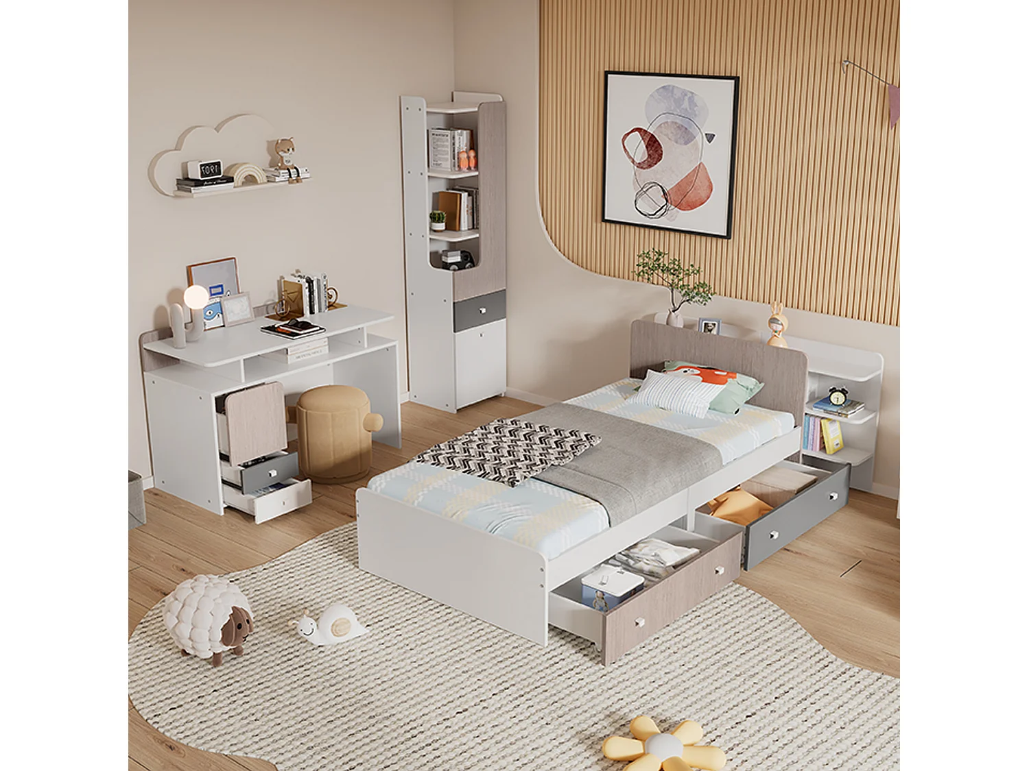 Kinderbeddenset 90 x 200 cm met 2 lades + planken + bureau + boekenkast - MDF + meerlaags paneel - kleur wit + grijs