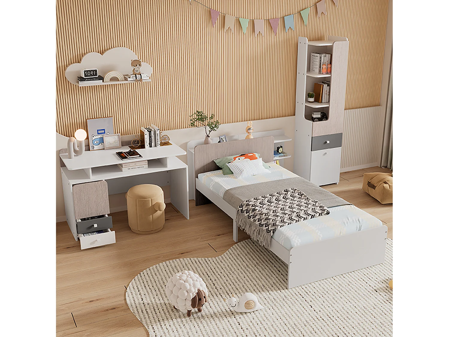 Kinderbeddenset 90 x 200 cm met 2 lades + planken + bureau + boekenkast - MDF + meerlaags paneel - kleur wit + grijs