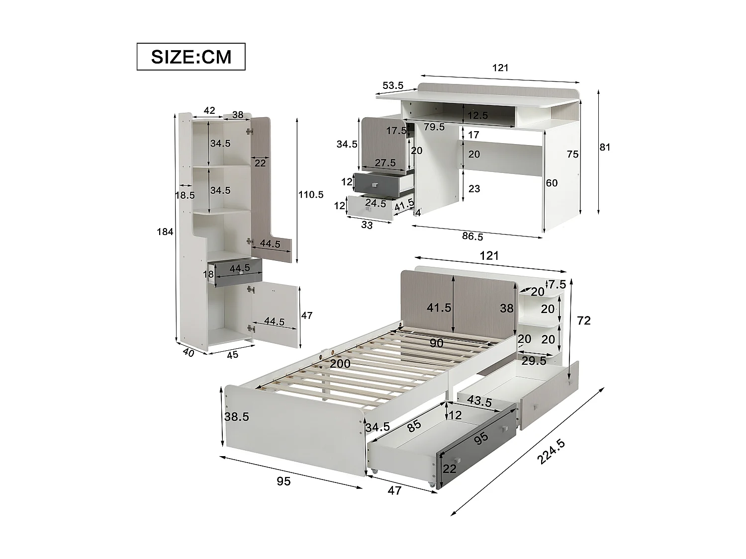 Kinderbeddenset 90 x 200 cm met 2 lades + planken + bureau + boekenkast - MDF + meerlaags paneel - kleur wit + grijs