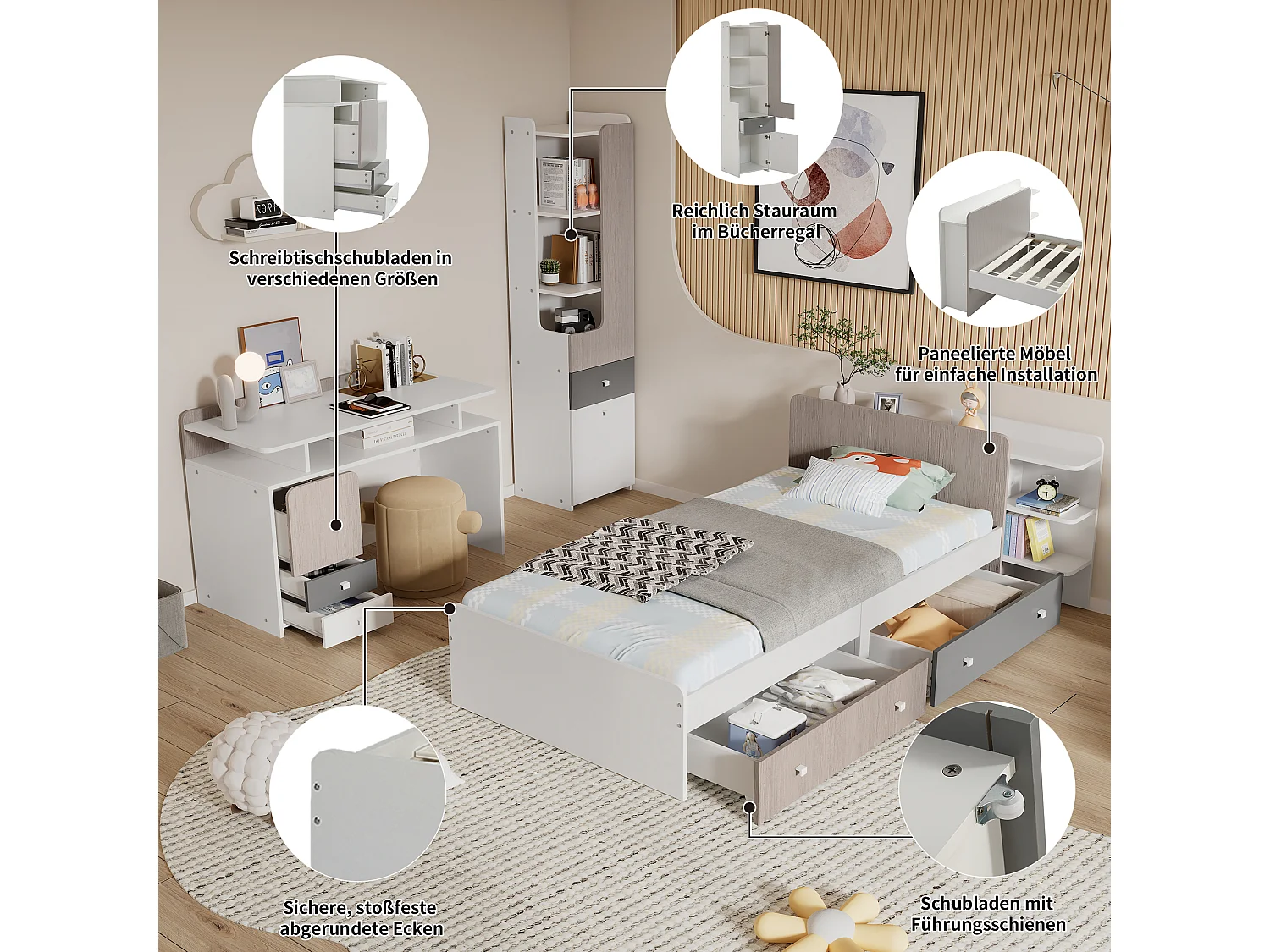 Kinderbeddenset 90 x 200 cm met 2 lades + planken + bureau + boekenkast - MDF + meerlaags paneel - kleur wit + grijs