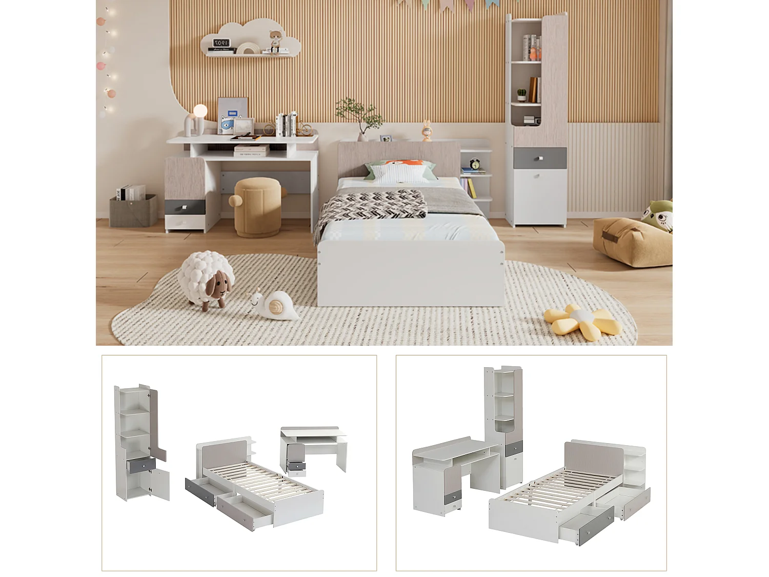 Kinderbeddenset 90 x 200 cm met 2 lades + planken + bureau + boekenkast - MDF + meerlaags paneel - kleur wit + grijs