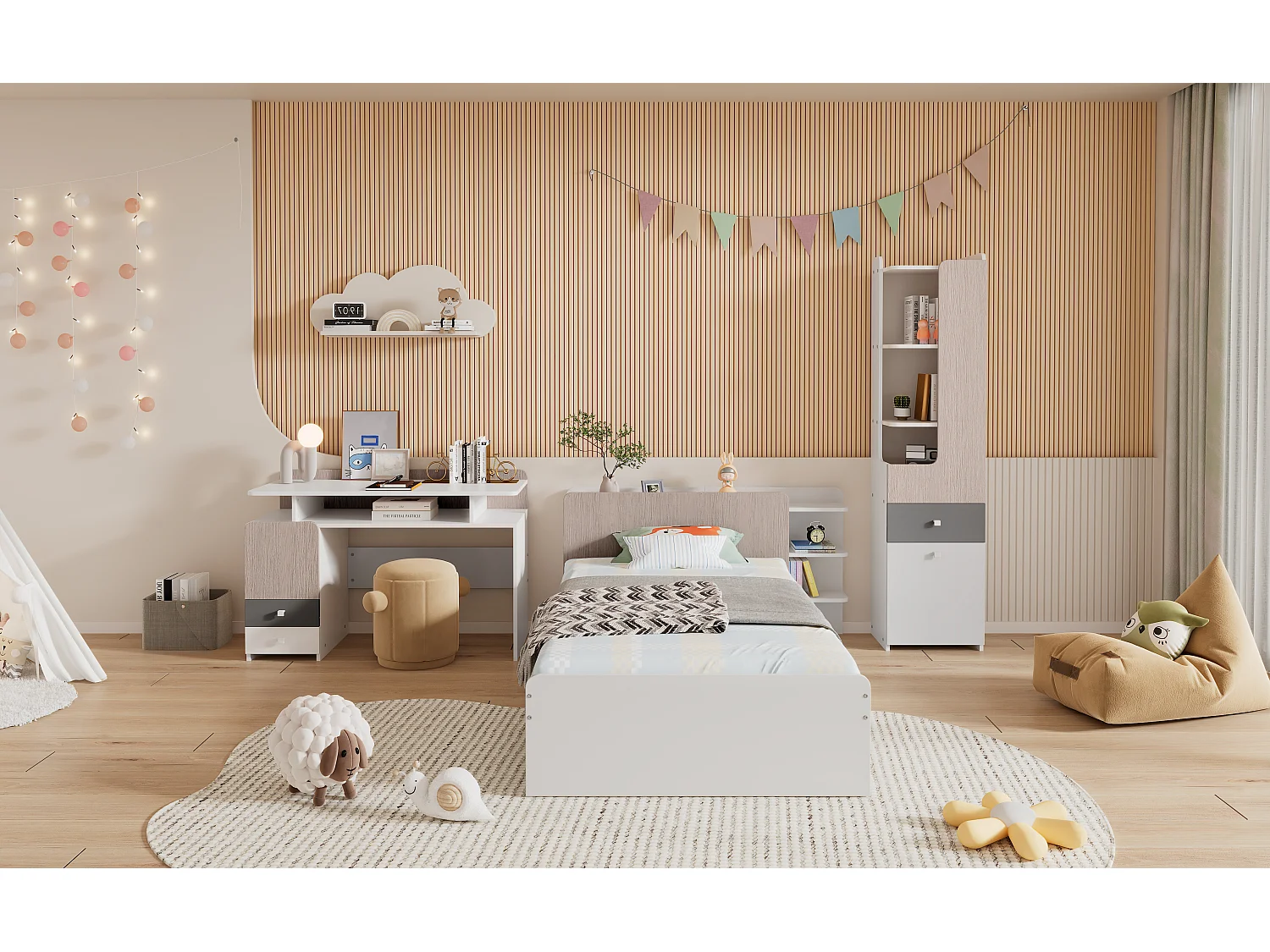 Kinderbeddenset 90 x 200 cm met 2 lades + planken + bureau + boekenkast - MDF + meerlaags paneel - kleur wit + grijs