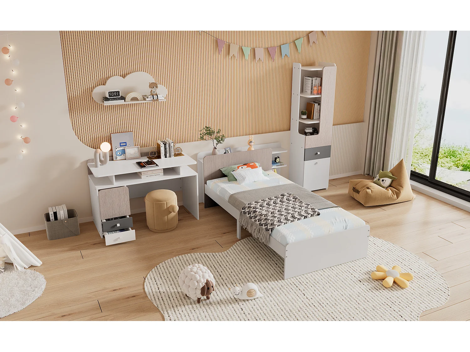 Kinderbeddenset 90 x 200 cm met 2 lades + planken + bureau + boekenkast - MDF + meerlaags paneel - kleur wit + grijs