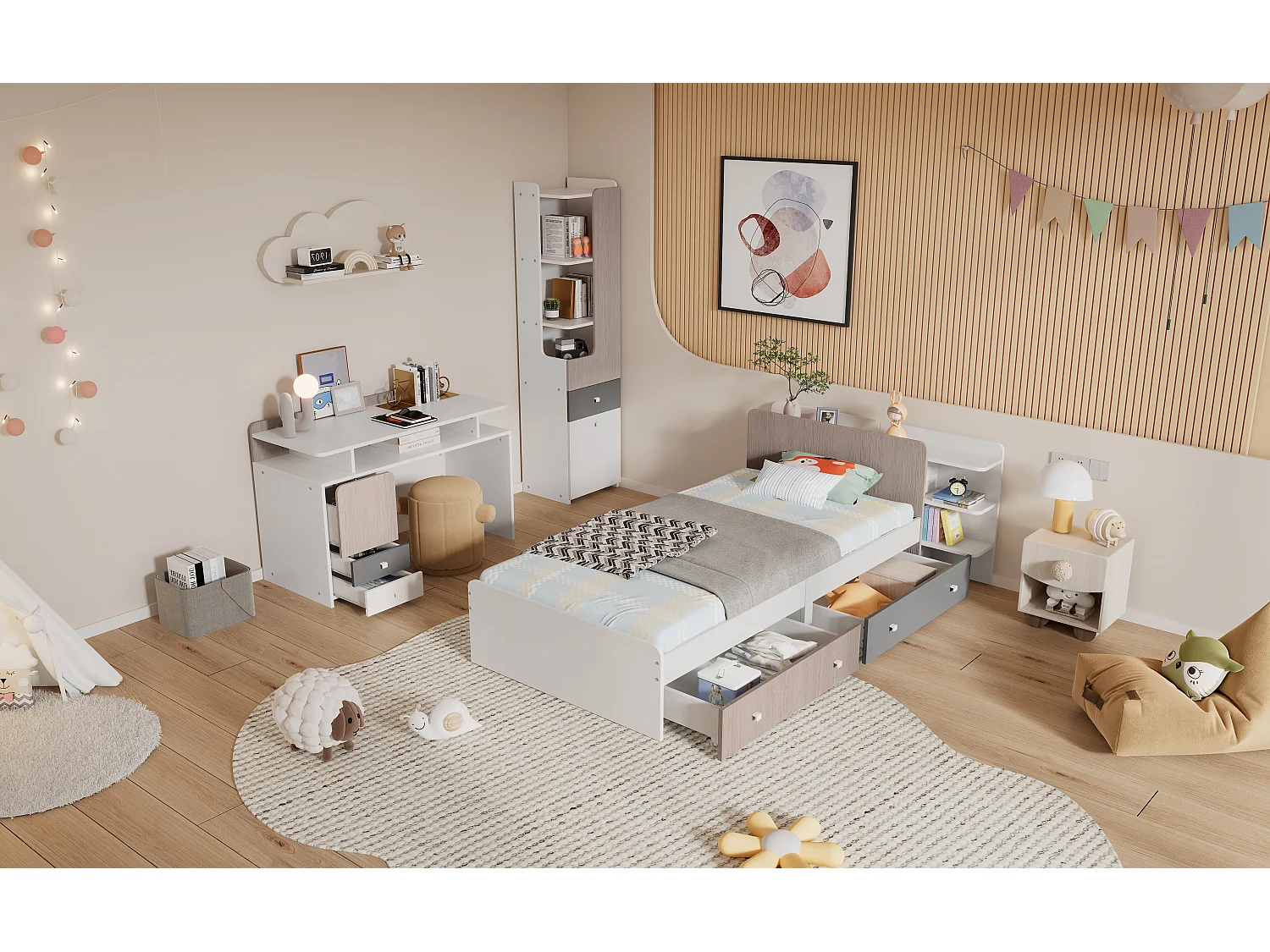 Kinderbeddenset 90 x 200 cm met 2 lades + planken + bureau + boekenkast - MDF + meerlaags paneel - kleur wit + grijs