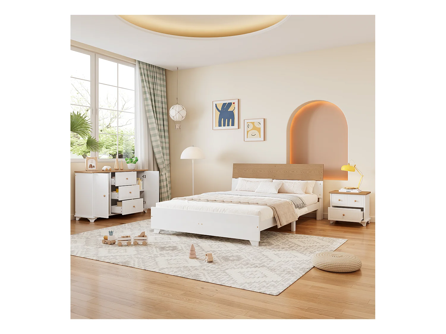 Complete slaapkamerset - volwassenenbed 160 x 200 cm met nachtkastje + ladekast - Grenen+MDF - wit + naturel
