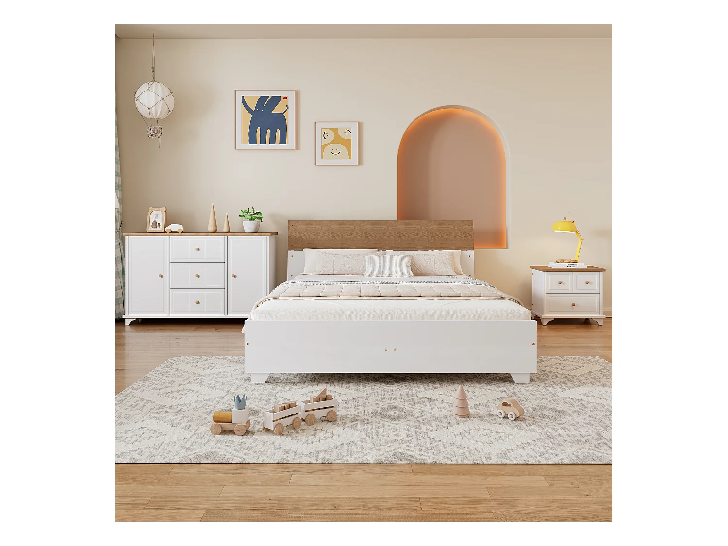 Conjunto de quarto completo - cama de adulto 160 x 200 cm com mesinha de cabeceira + cômoda - Pinho+MDF - branco + natural