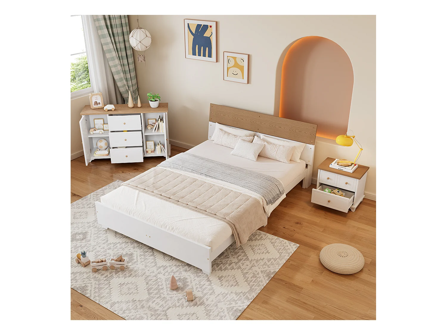 Conjunto de quarto completo - cama de adulto 160 x 200 cm com mesinha de cabeceira + cômoda - Pinho+MDF - branco + natural
