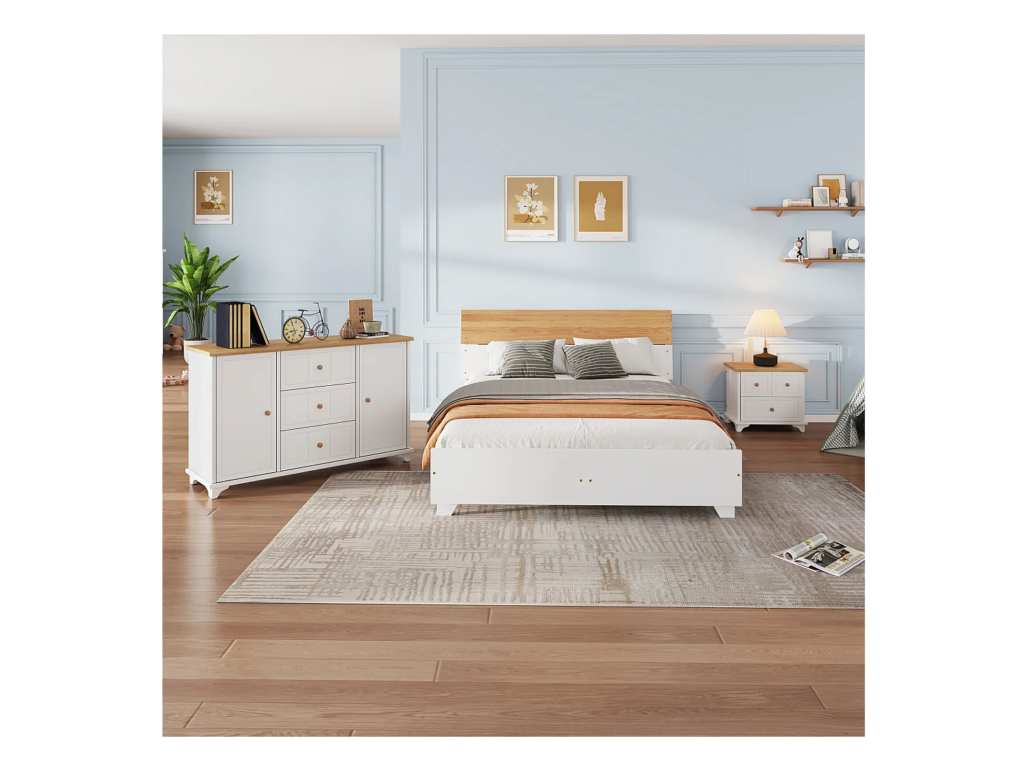 Conjunto de quarto completo - cama de adulto 160 x 200 cm com mesinha de cabeceira + cômoda - Pinho+MDF - branco + natural
