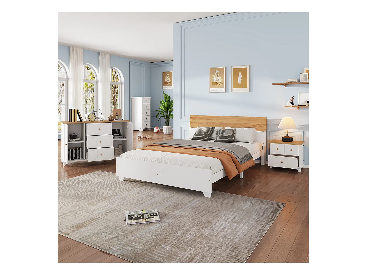Conjunto de quarto completo - cama de adulto 160 x 200 cm com mesinha de cabeceira + cômoda - Pinho+MDF - branco + natural