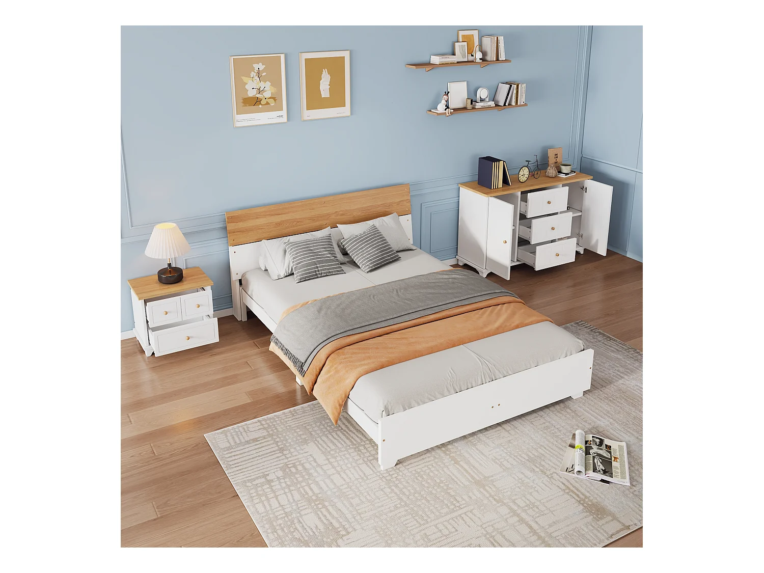 Conjunto de quarto completo - cama de adulto 160 x 200 cm com mesinha de cabeceira + cômoda - Pinho+MDF - branco + natural