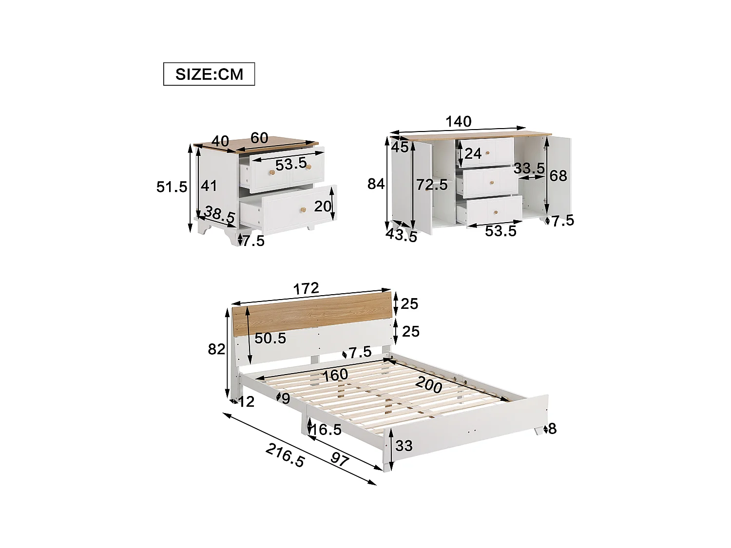 Conjunto de quarto completo - cama de adulto 160 x 200 cm com mesinha de cabeceira + cômoda - Pinho+MDF - branco + natural