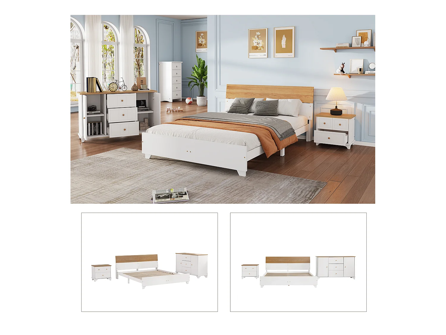 Conjunto de quarto completo - cama de adulto 160 x 200 cm com mesinha de cabeceira + cômoda - Pinho+MDF - branco + natural