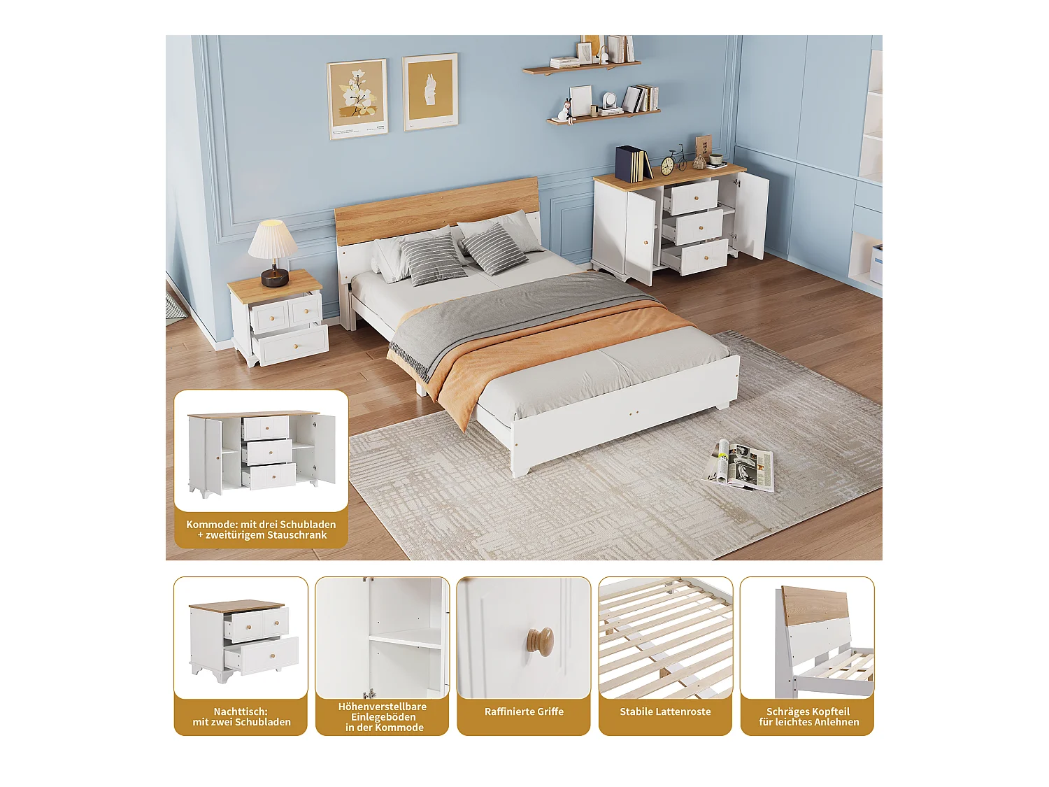 Conjunto de quarto completo - cama de adulto 160 x 200 cm com mesinha de cabeceira + cômoda - Pinho+MDF - branco + natural