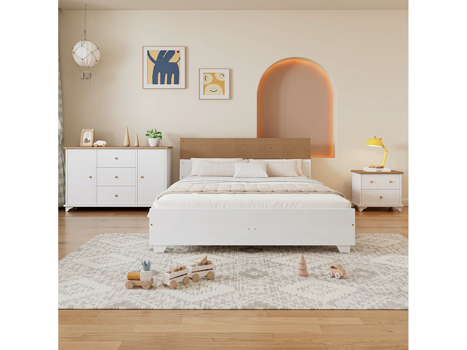Conjunto de quarto completo - cama de adulto 160 x 200 cm com mesinha de cabeceira + cômoda - Pinho+MDF - branco + natural