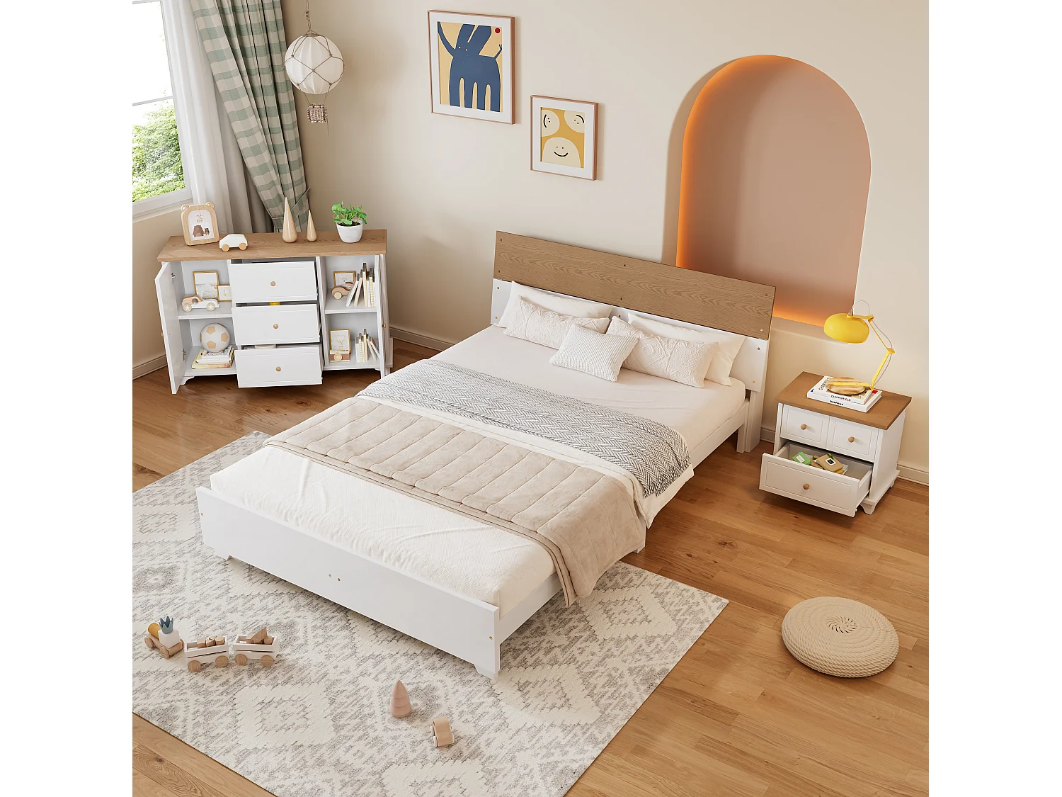 Conjunto de quarto completo - cama de adulto 160 x 200 cm com mesinha de cabeceira + cômoda - Pinho+MDF - branco + natural