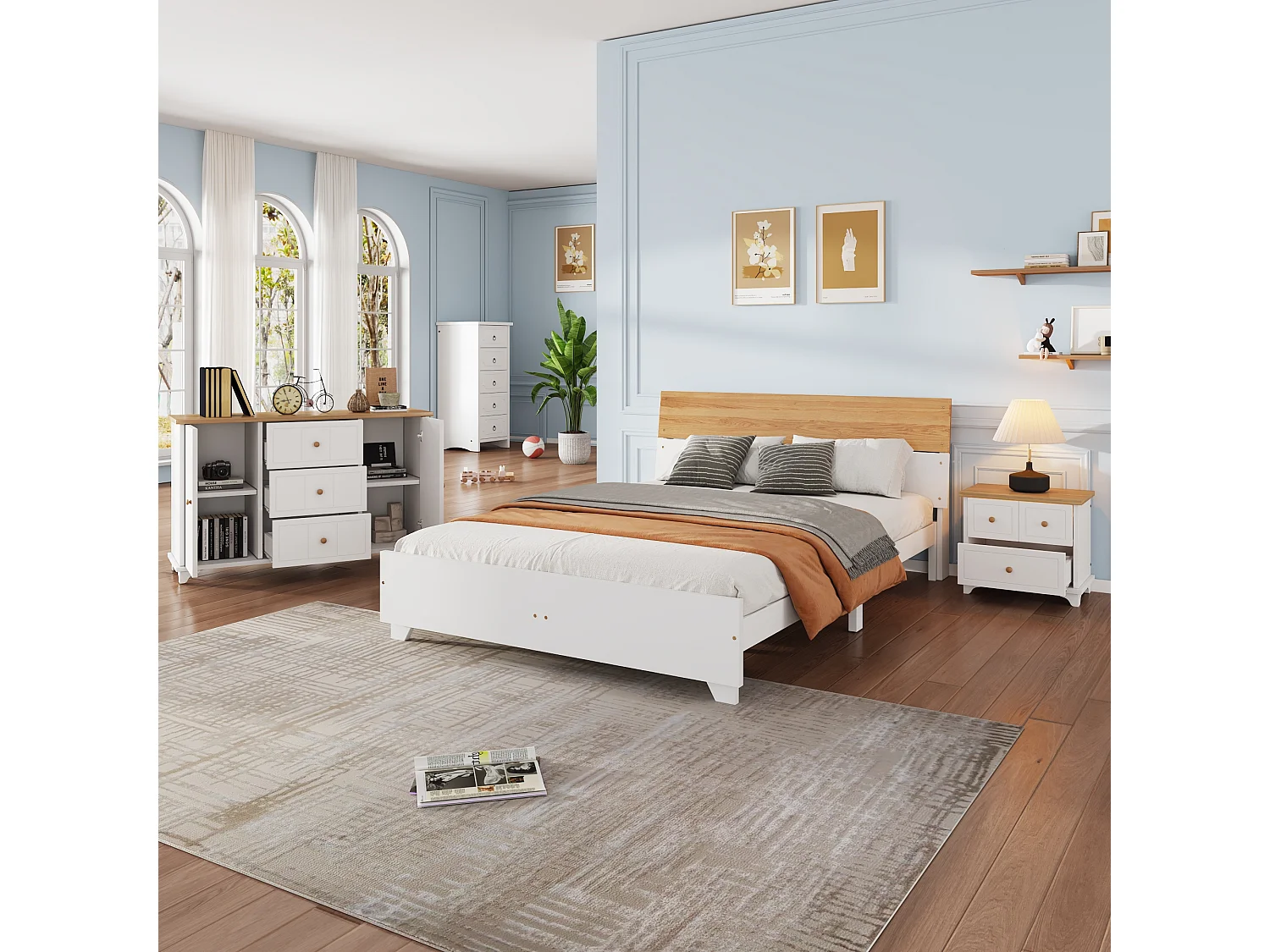 Conjunto de quarto completo - cama de adulto 160 x 200 cm com mesinha de cabeceira + cômoda - Pinho+MDF - branco + natural