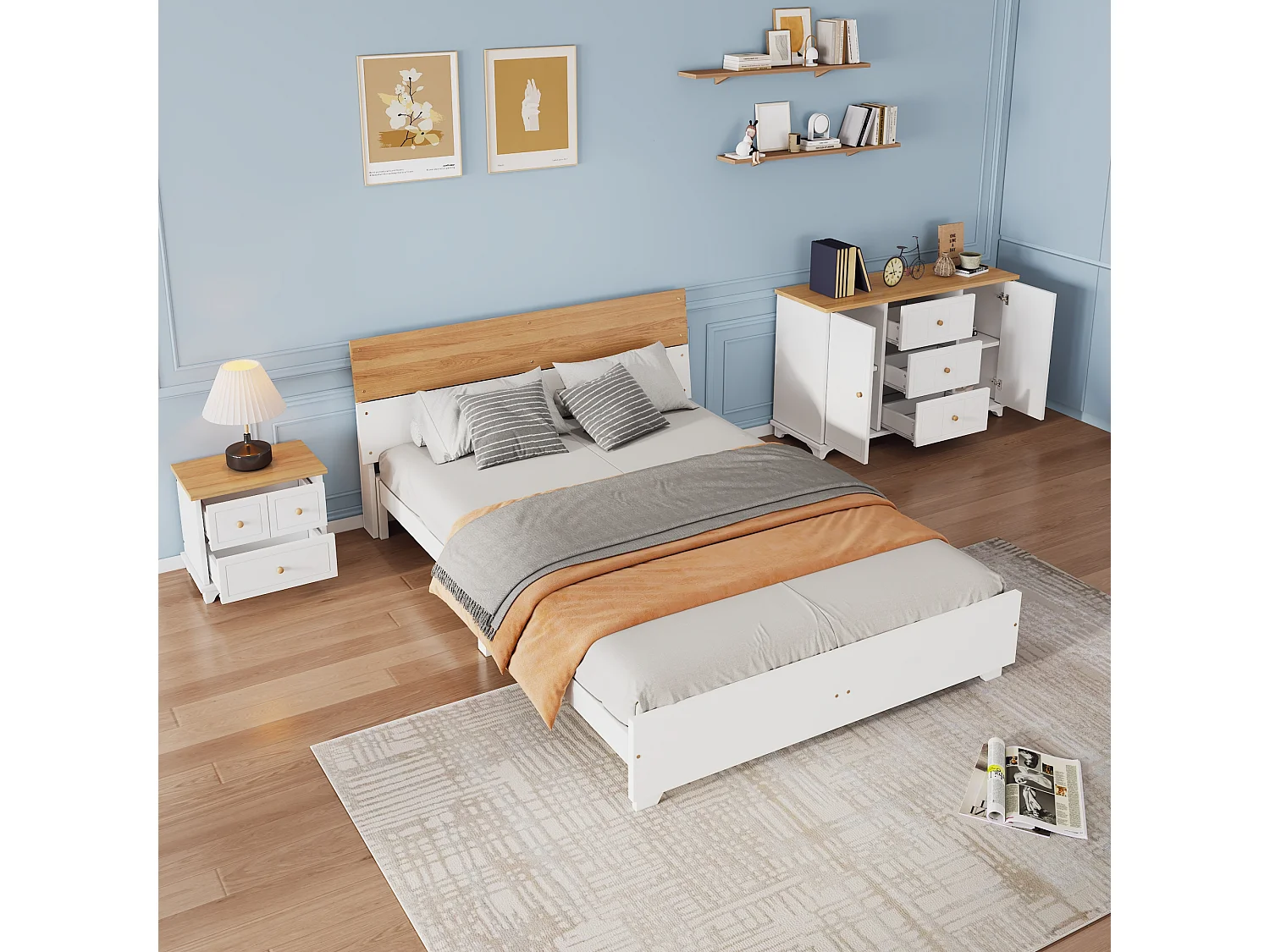 Conjunto de quarto completo - cama de adulto 160 x 200 cm com mesinha de cabeceira + cômoda - Pinho+MDF - branco + natural