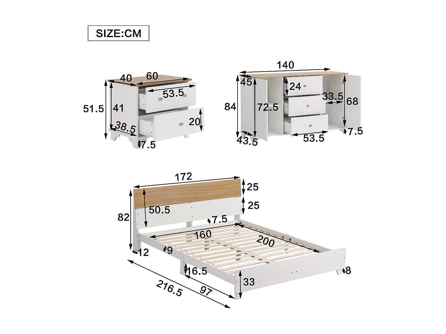 Conjunto de quarto completo - cama de adulto 160 x 200 cm com mesinha de cabeceira + cômoda - Pinho+MDF - branco + natural