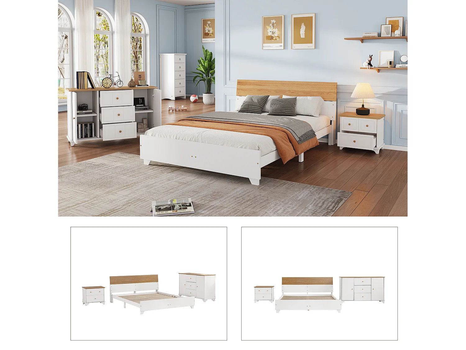 Conjunto de quarto completo - cama de adulto 160 x 200 cm com mesinha de cabeceira + cômoda - Pinho+MDF - branco + natural