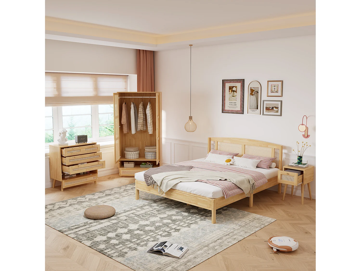 Bedset volwassenen 160 x 200 cm met nachtkastje + ladekast + kledingkast - grenen + spaanplaat + PE rotan - naturel