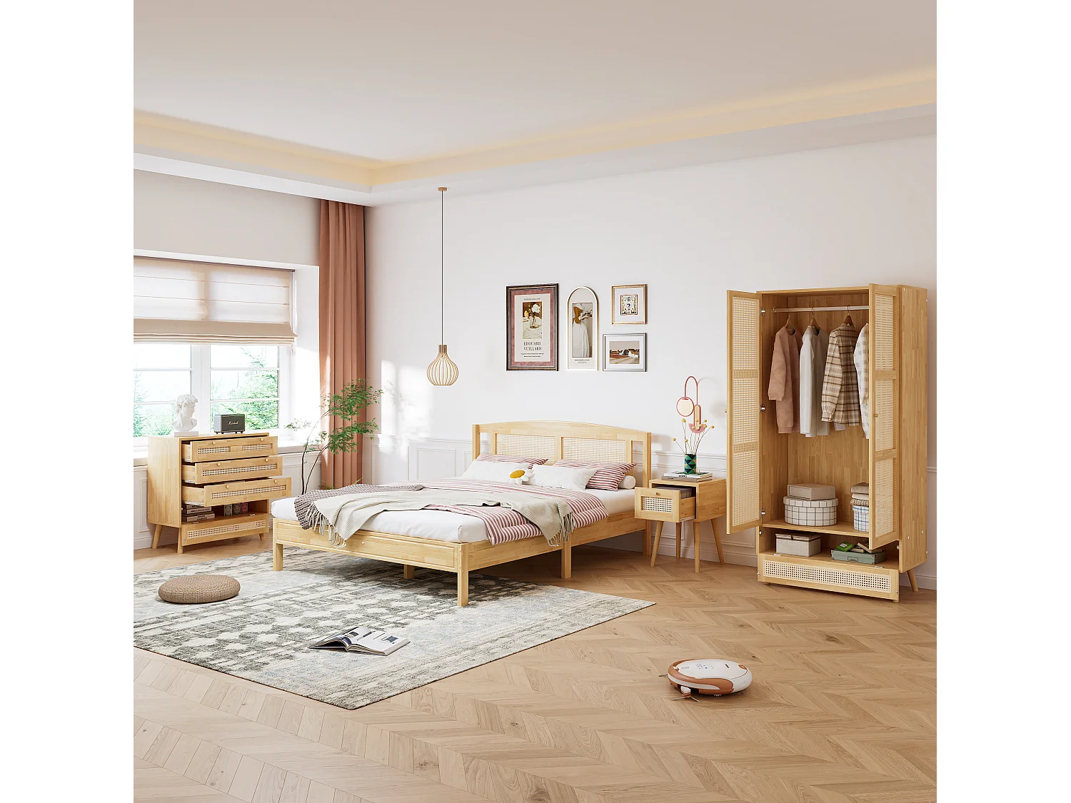 Bedset volwassenen 160 x 200 cm met nachtkastje + ladekast + kledingkast - grenen + spaanplaat + PE rotan - naturel