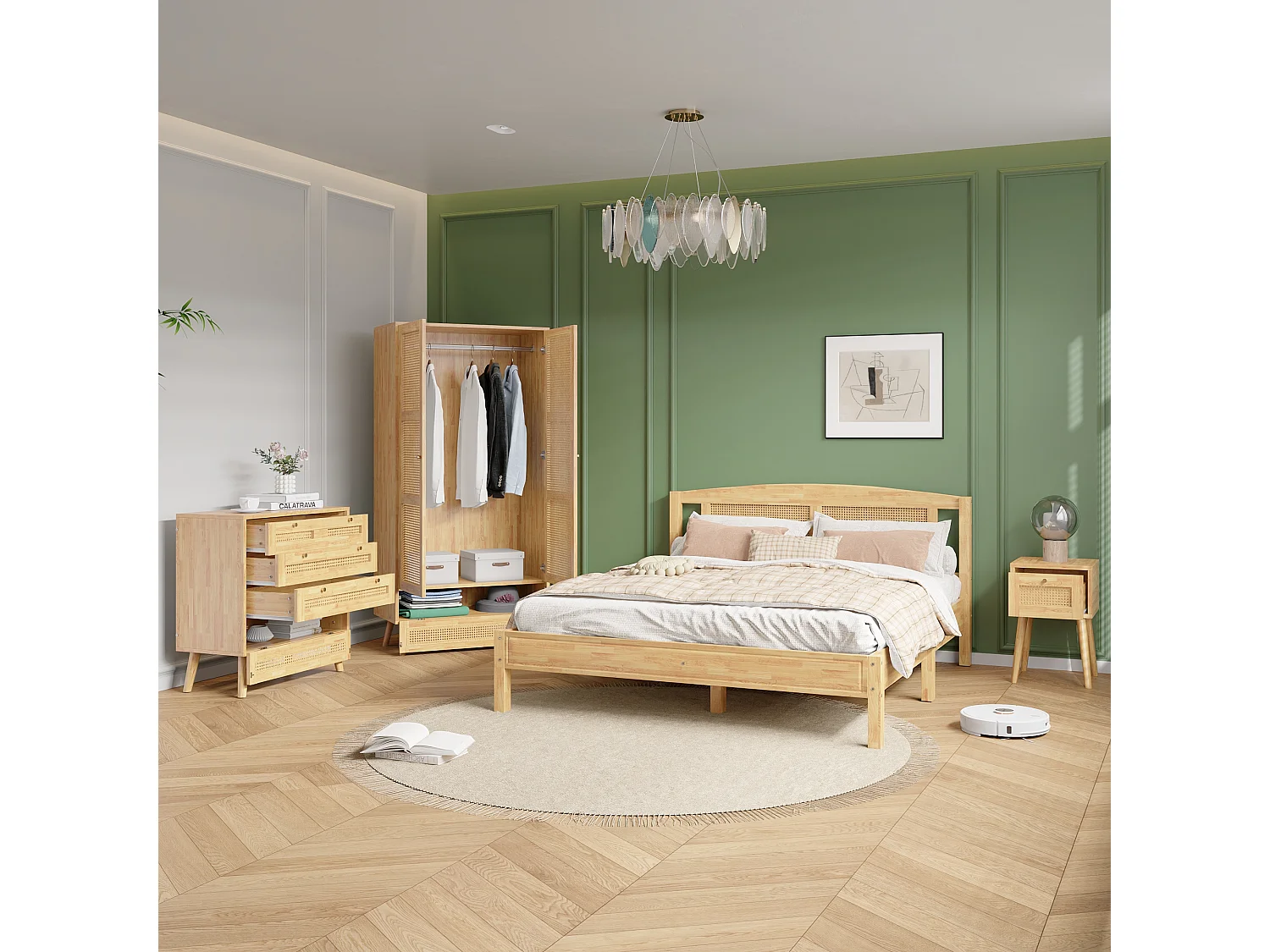 Bedset volwassenen 160 x 200 cm met nachtkastje + ladekast + kledingkast - grenen + spaanplaat + PE rotan - naturel