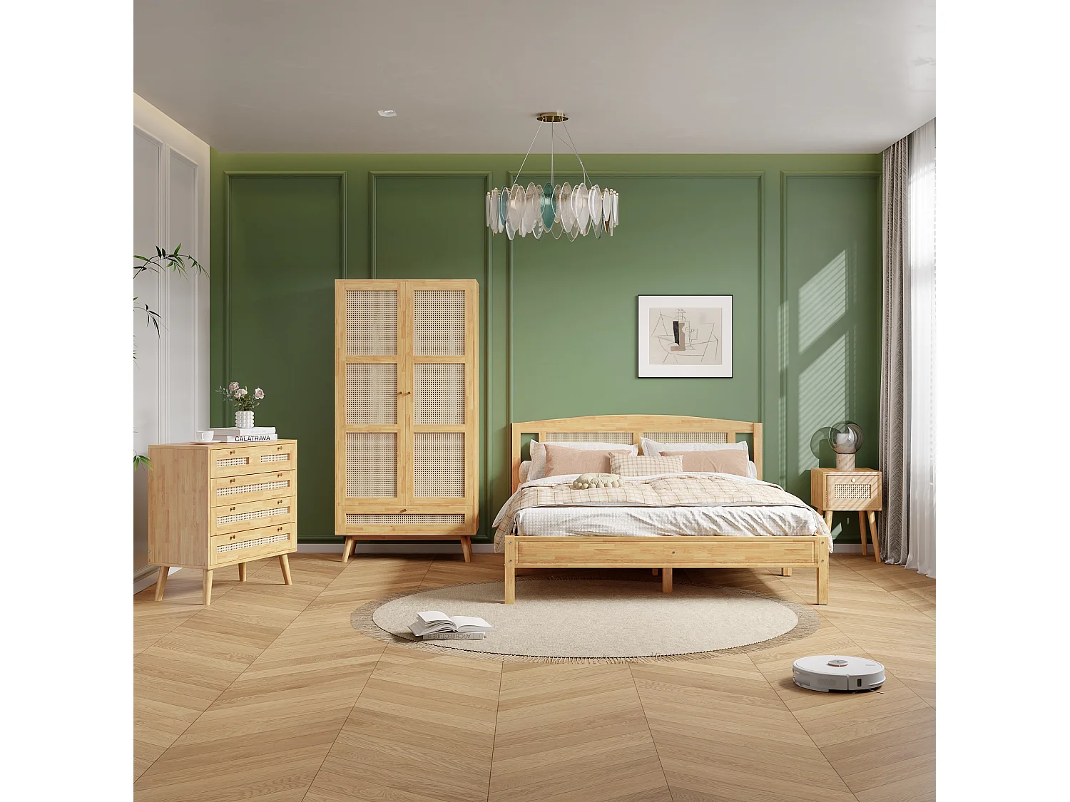 Bedset volwassenen 160 x 200 cm met nachtkastje + ladekast + kledingkast - grenen + spaanplaat + PE rotan - naturel