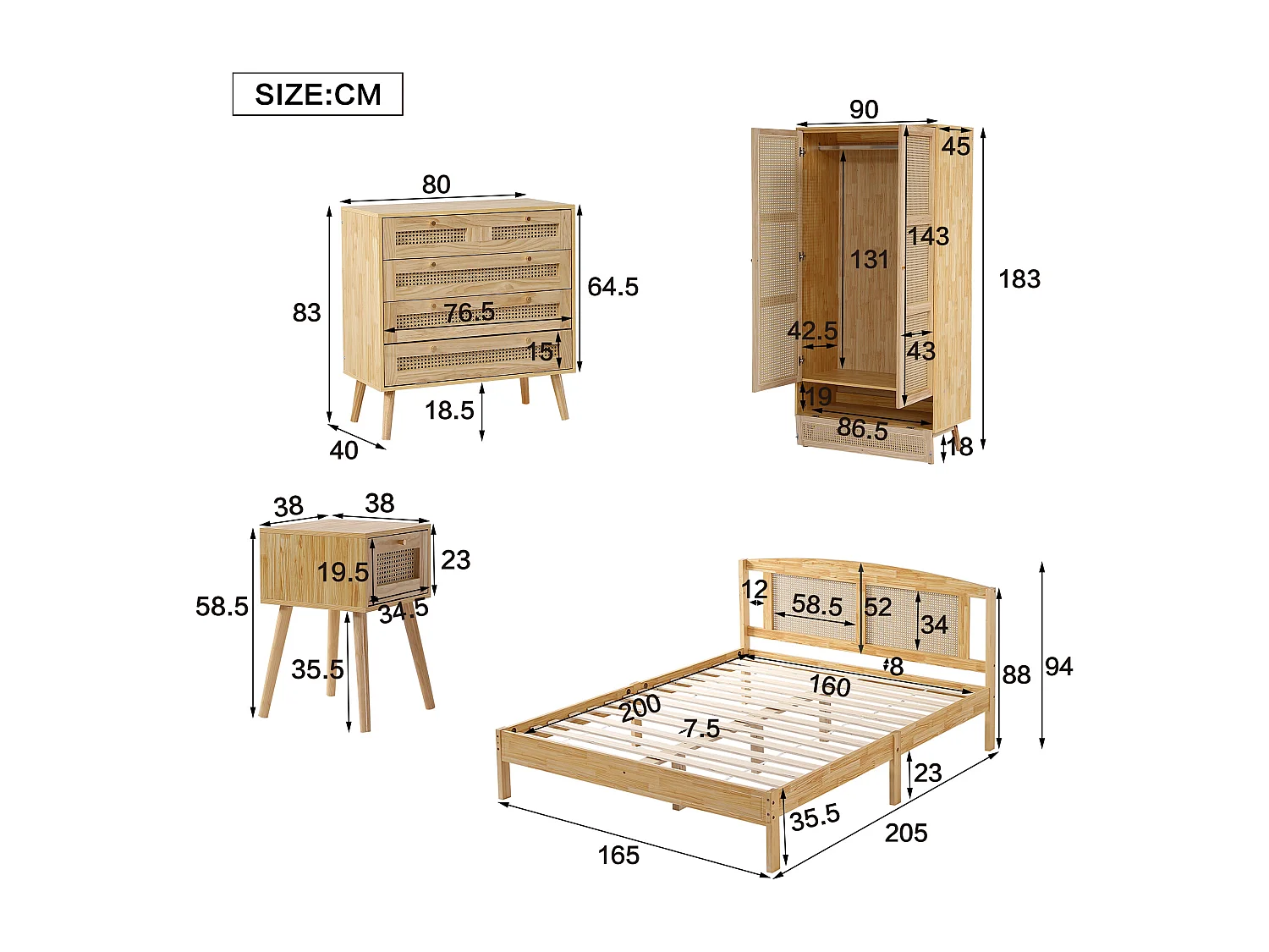 Bedset volwassenen 160 x 200 cm met nachtkastje + ladekast + kledingkast - grenen + spaanplaat + PE rotan - naturel