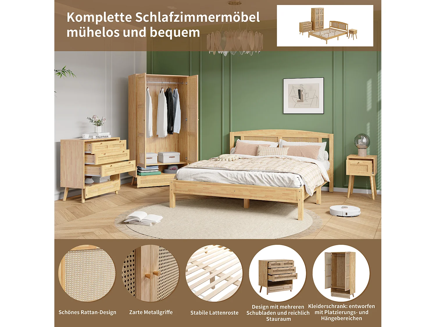 Bedset volwassenen 160 x 200 cm met nachtkastje + ladekast + kledingkast - grenen + spaanplaat + PE rotan - naturel