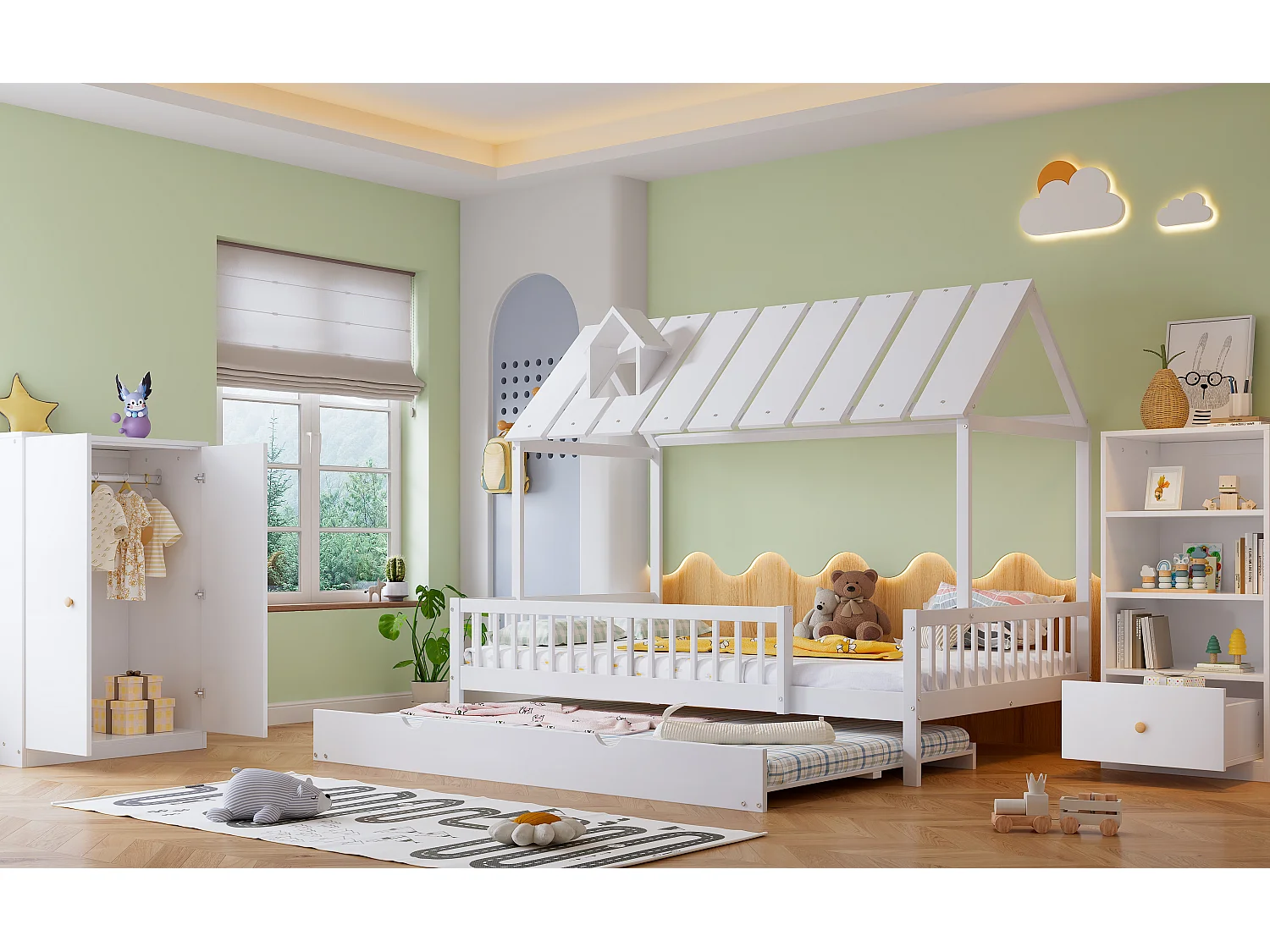 Ensemble lit cabane 120 x 200 + lit gigogne 120 x 190 cm + armoire + bibliothèque - pin + MDF - blanc