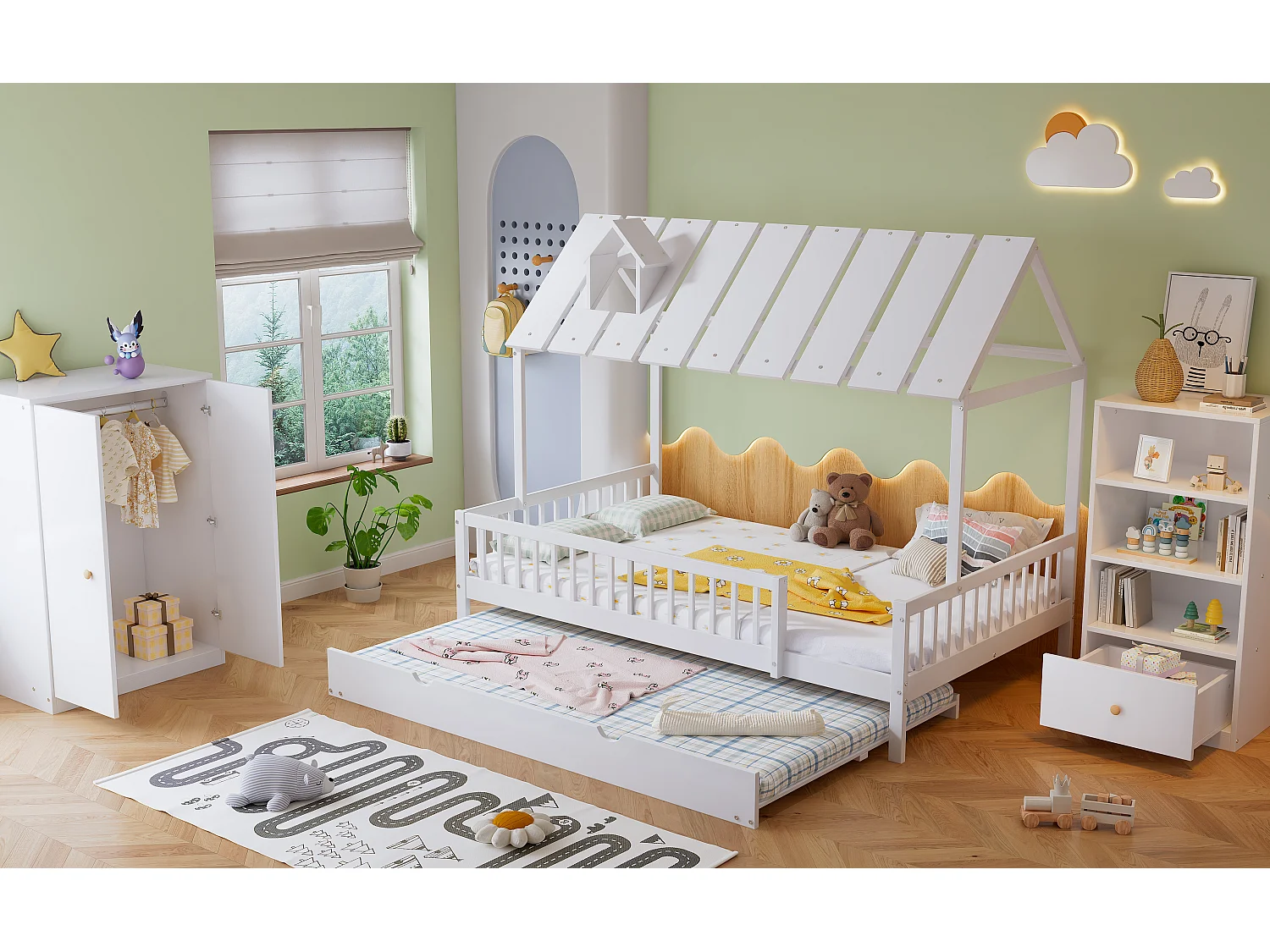 Ensemble lit cabane 120 x 200 + lit gigogne 120 x 190 cm + armoire + bibliothèque - pin + MDF - blanc