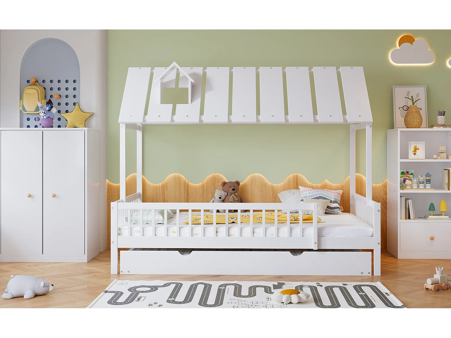 Ensemble lit cabane 120 x 200 + lit gigogne 120 x 190 cm + armoire + bibliothèque - pin + MDF - blanc