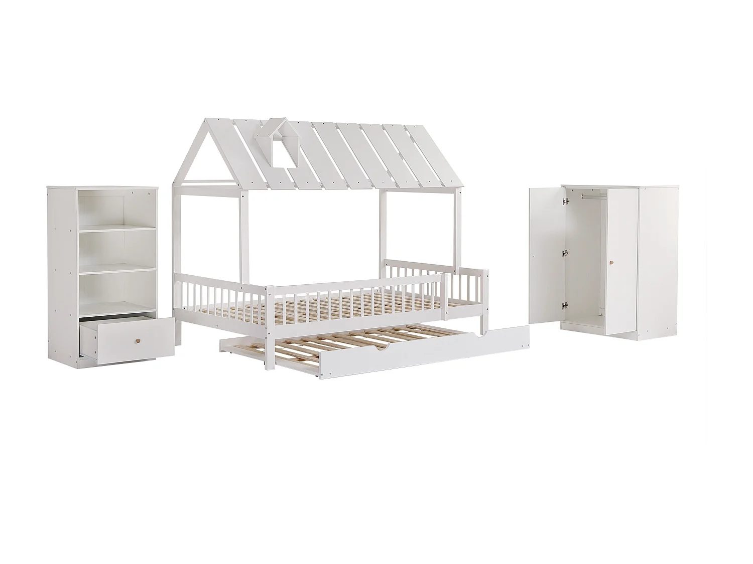 Ensemble lit cabane 120 x 200 + lit gigogne 120 x 190 cm + armoire + bibliothèque - pin + MDF - blanc