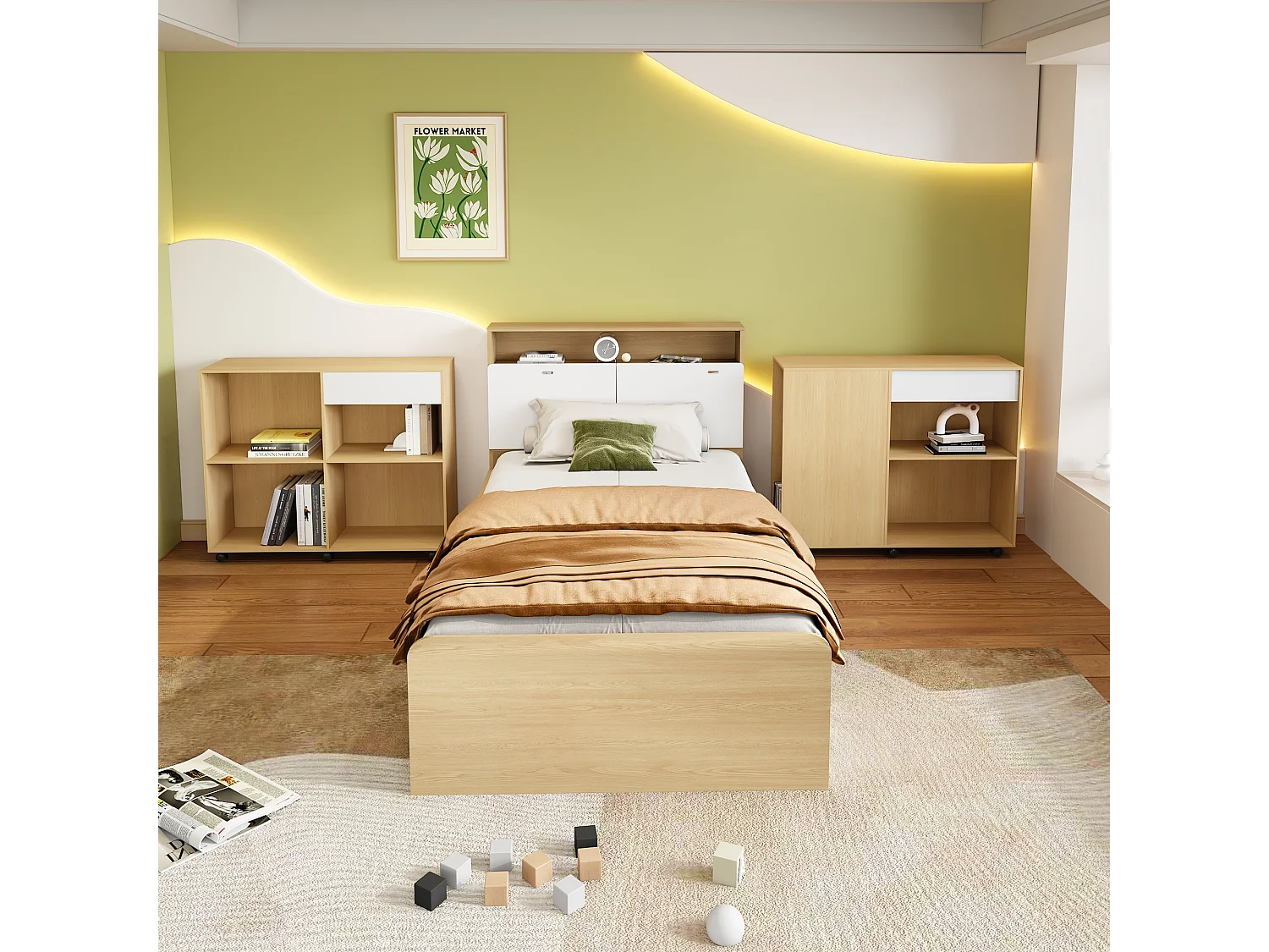 Kinderbeddenset 90 x 200 cm met 4 lades en 2 kasten op wielen - MDF + spaanplaat - kleur wit + licht eiken