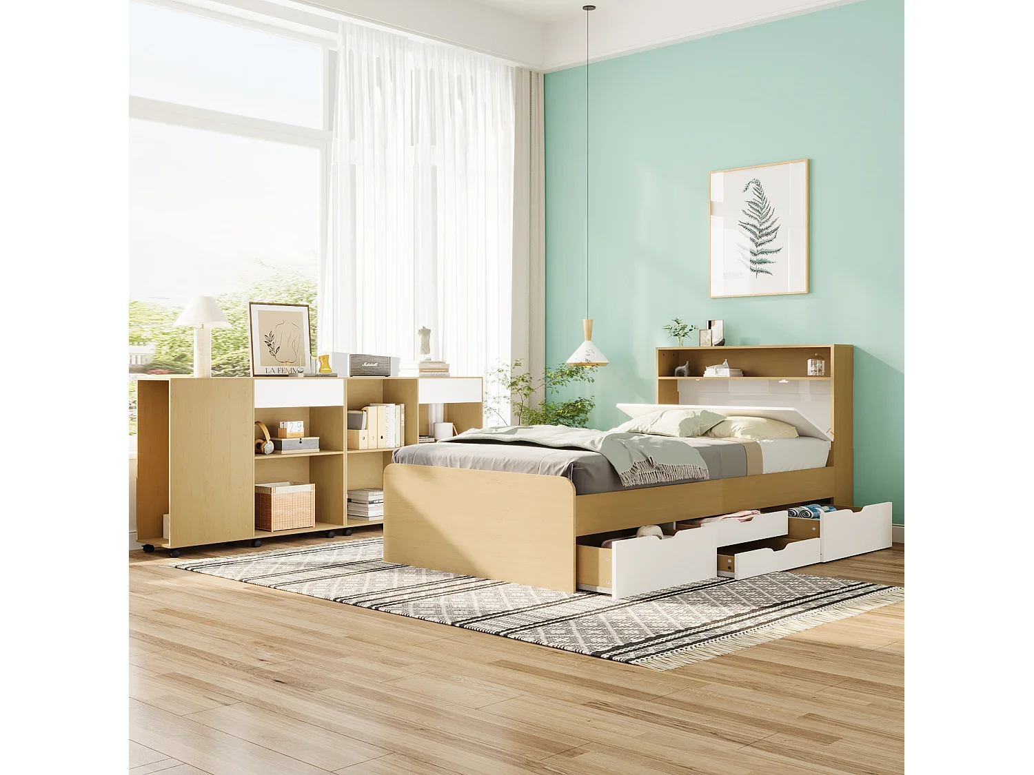 Kinderbeddenset 90 x 200 cm met 4 lades en 2 kasten op wielen - MDF + spaanplaat - kleur wit + licht eiken