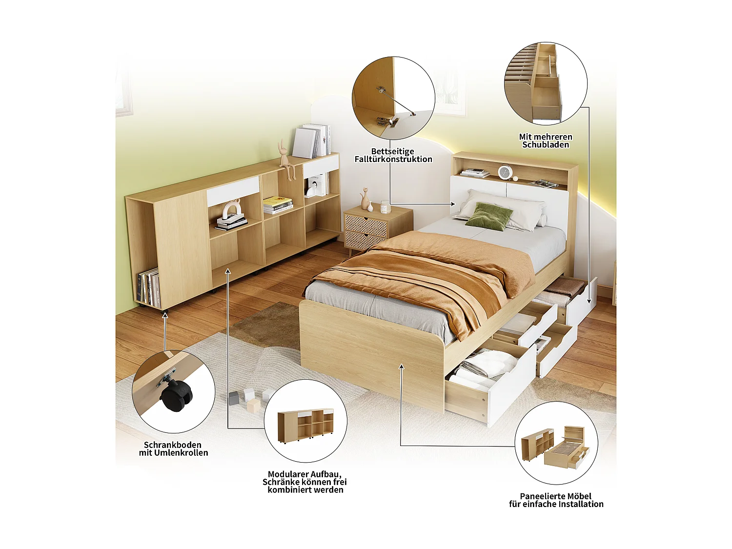 Kinderbeddenset 90 x 200 cm met 4 lades en 2 kasten op wielen - MDF + spaanplaat - kleur wit + licht eiken