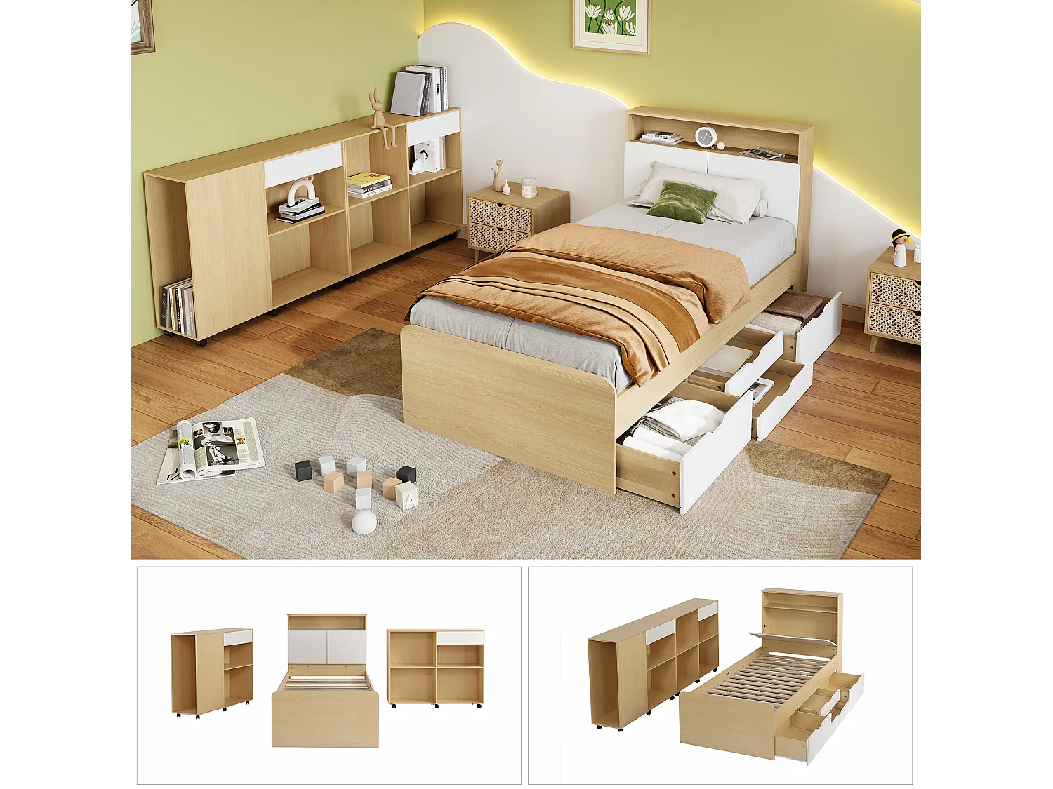 Kinderbeddenset 90 x 200 cm met 4 lades en 2 kasten op wielen - MDF + spaanplaat - kleur wit + licht eiken
