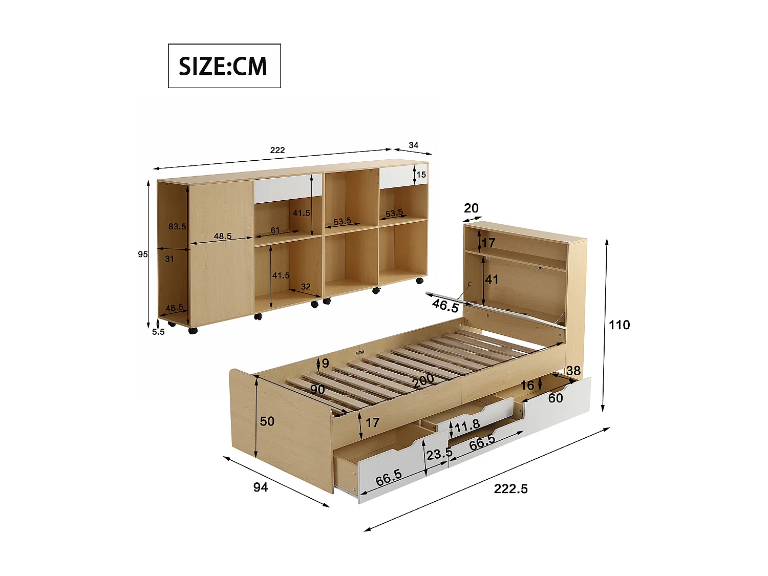 Kinderbeddenset 90 x 200 cm met 4 lades en 2 kasten op wielen - MDF + spaanplaat - kleur wit + licht eiken