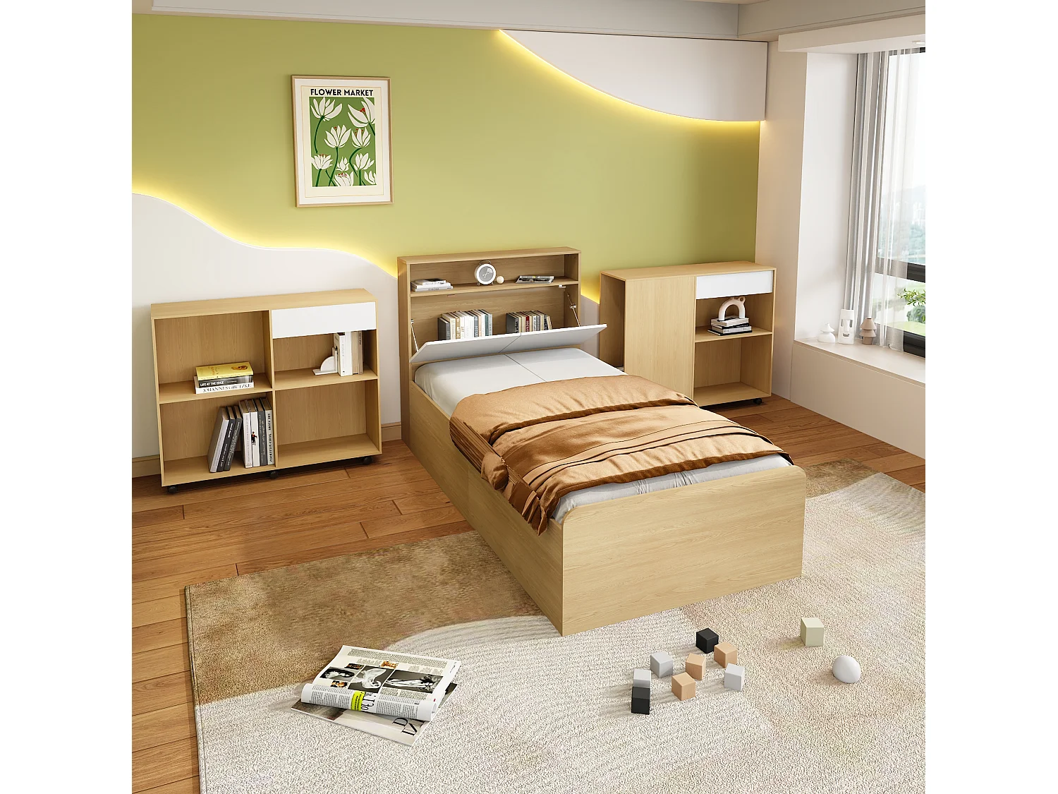 Kinderbeddenset 90 x 200 cm met 4 lades en 2 kasten op wielen - MDF + spaanplaat - kleur wit + licht eiken