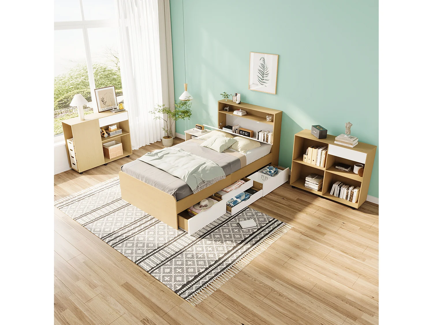 Kinderbeddenset 90 x 200 cm met 4 lades en 2 kasten op wielen - MDF + spaanplaat - kleur wit + licht eiken