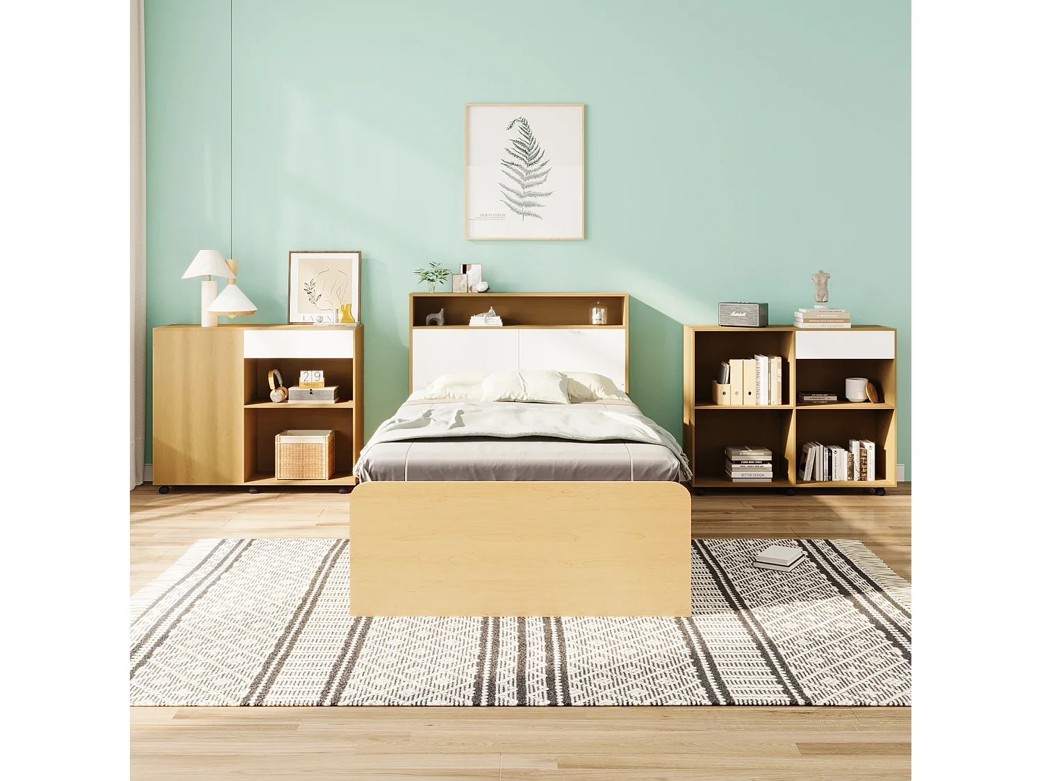 Kinderbeddenset 90 x 200 cm met 4 lades en 2 kasten op wielen - MDF + spaanplaat - kleur wit + licht eiken