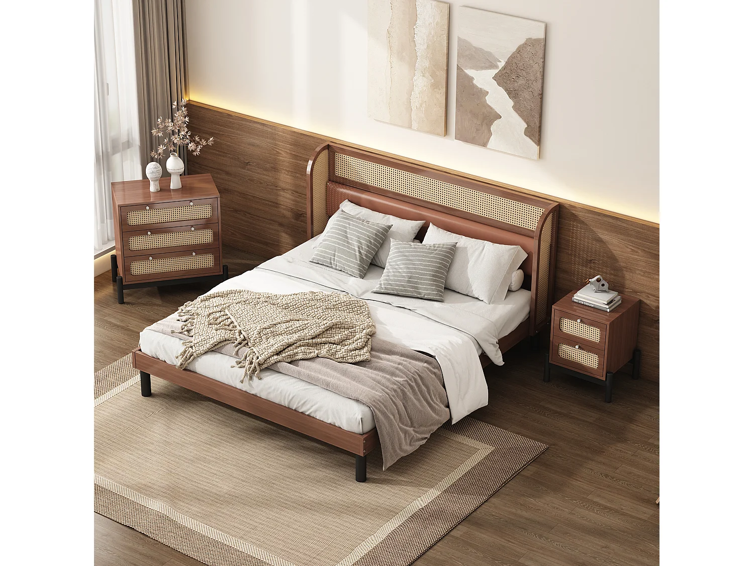 Conjunto de cama adulto 160 x 200 cm com mesa de cabeceira + cômoda - pinho e couro PU - padrão rattan - cor nogueira