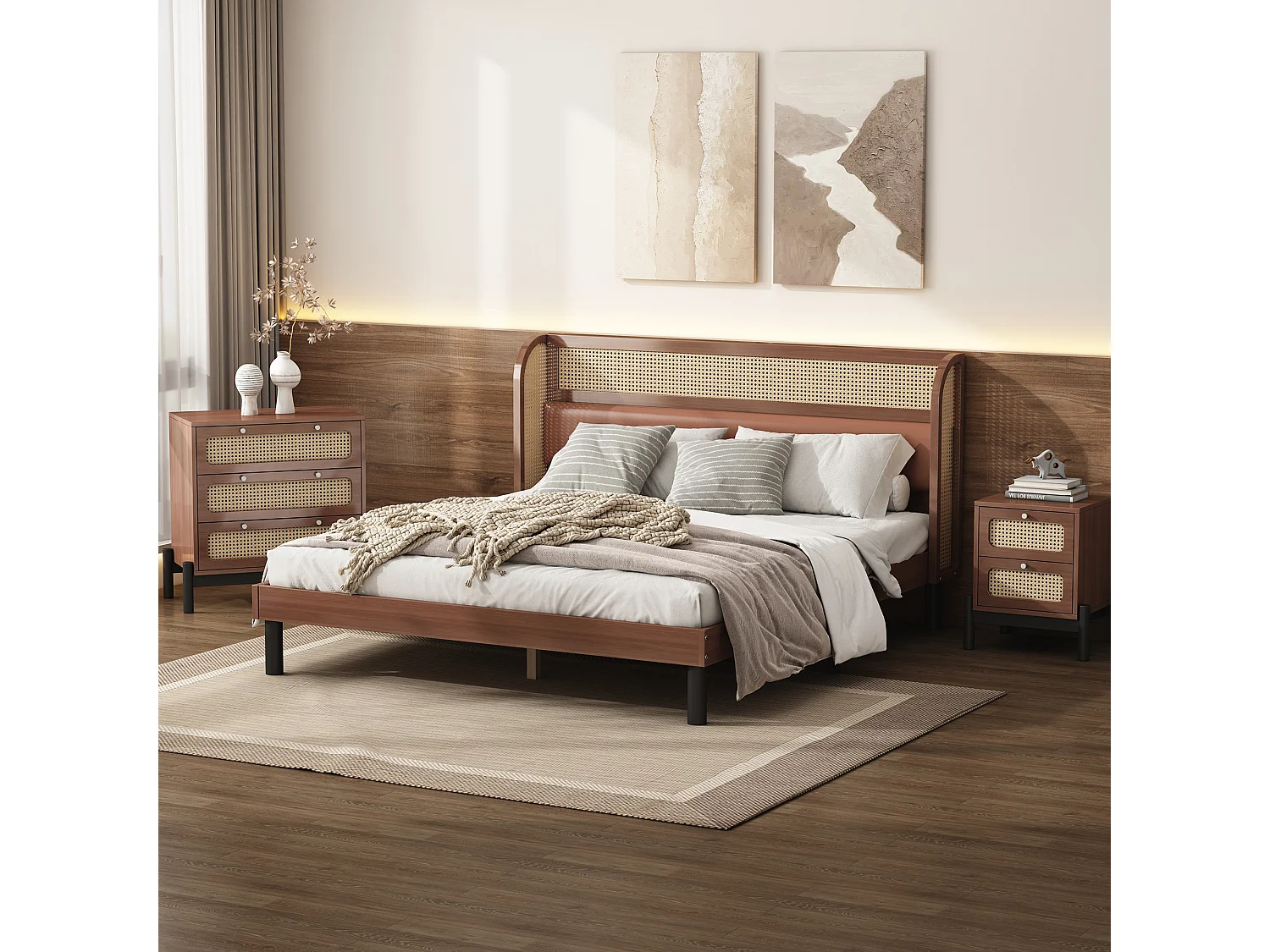 Conjunto de cama adulto 160 x 200 cm com mesa de cabeceira + cômoda - pinho e couro PU - padrão rattan - cor nogueira