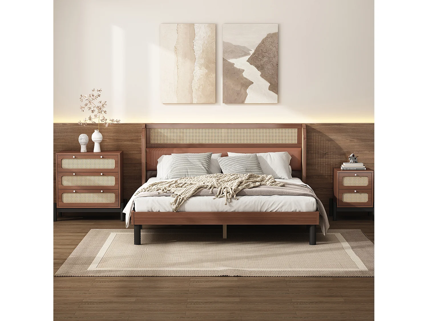 Conjunto de cama adulto 160 x 200 cm com mesa de cabeceira + cômoda - pinho e couro PU - padrão rattan - cor nogueira