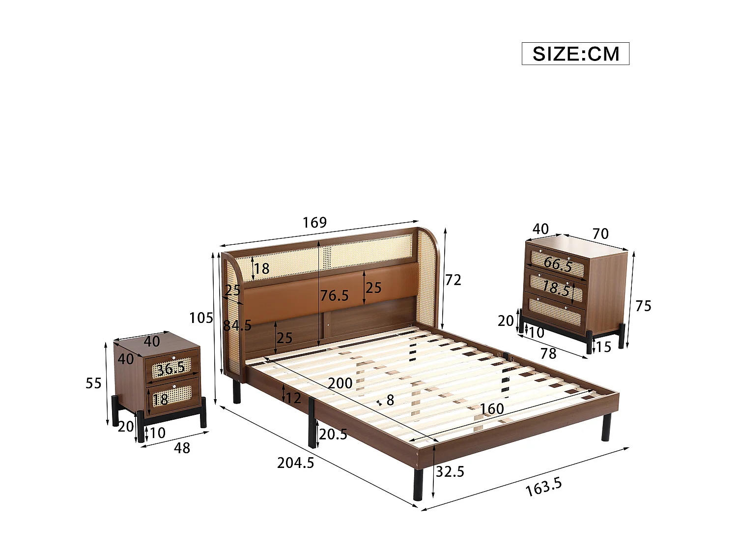 Conjunto de cama adulto 160 x 200 cm com mesa de cabeceira + cômoda - pinho e couro PU - padrão rattan - cor nogueira