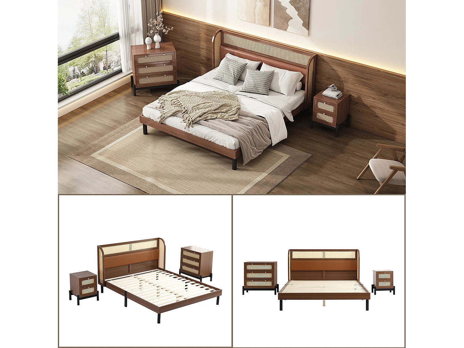 Conjunto de cama adulto 160 x 200 cm com mesa de cabeceira + cômoda - pinho e couro PU - padrão rattan - cor nogueira