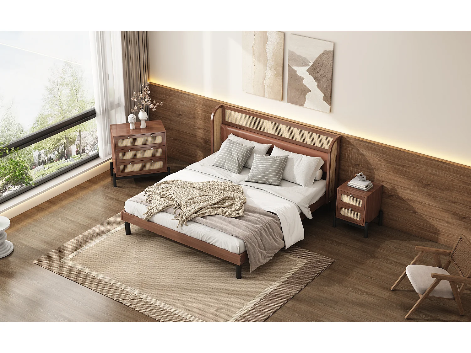 Conjunto de cama adulto 160 x 200 cm com mesa de cabeceira + cômoda - pinho e couro PU - padrão rattan - cor nogueira